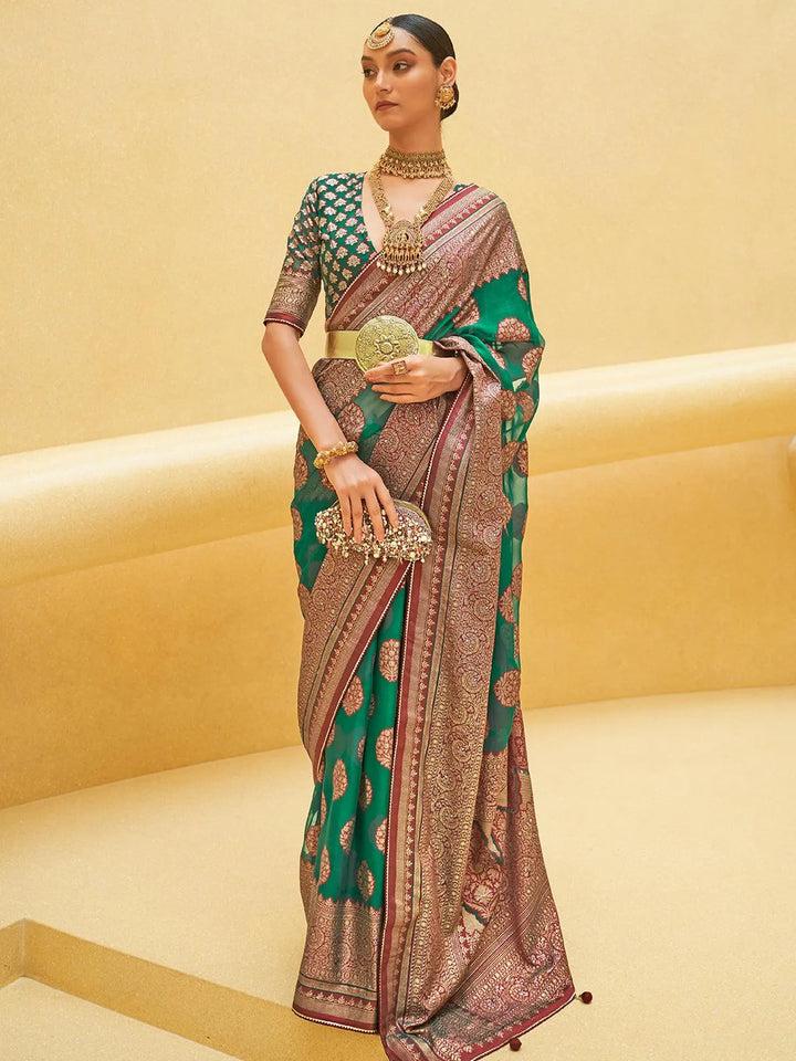 Party Wear Rama Zari Woven Brasso Organza Saree - VJV Now