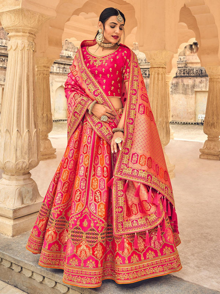 Party Wear Red Art Silk Sequins Embroidered Umbrella Lehenga - VJV Now