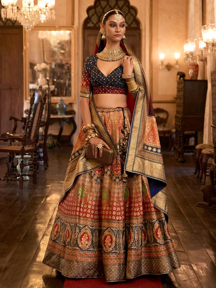 Party Wear Red Navy Blue Art Silk Sequins Embroidered Umbrella Lehenga - VJV Now