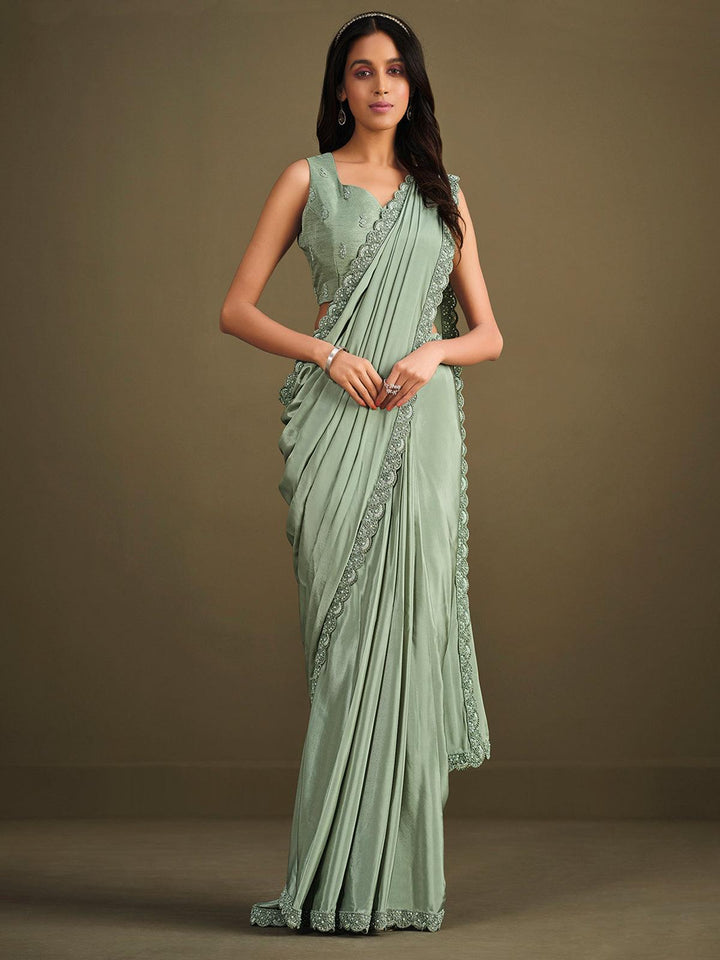 Party Wear Sea Green Crepe Silk Sequins Embroidered Saree - VJV Now