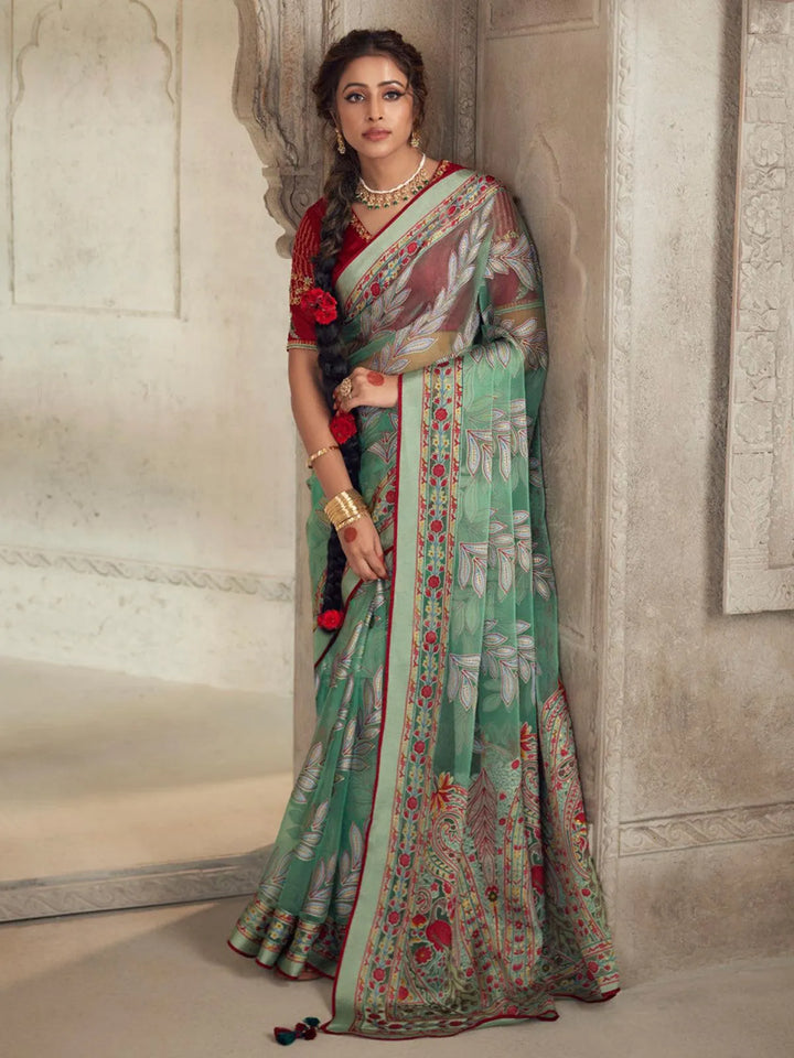 Party Wear Sea Green Printed Soft Brasso Organza Saree - VJV Now