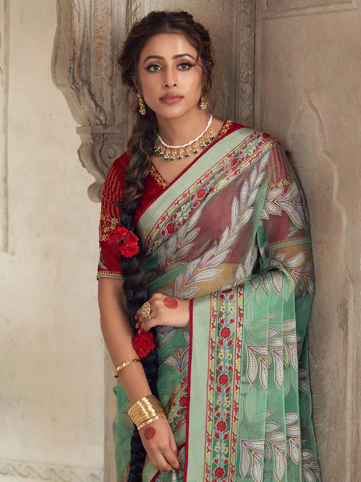 Party Wear Sea Green Printed Soft Brasso Organza Saree - VJV Now