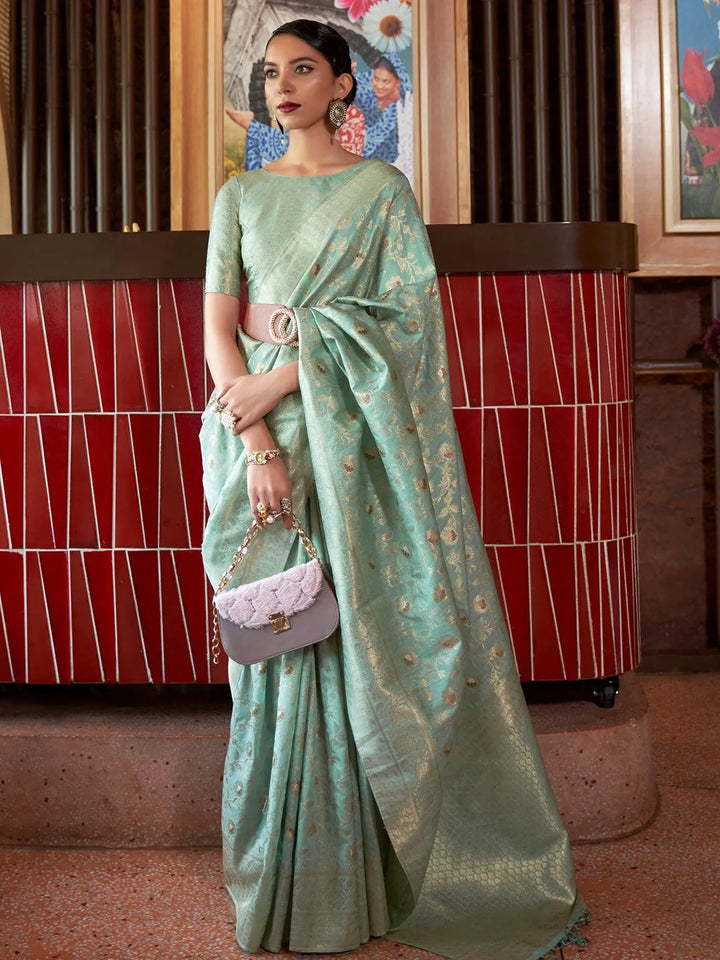 Party Wear Sea Green Woven Tussar Soft Silk Saree - VJV Now