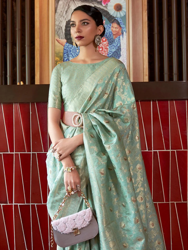 Party Wear Sea Green Woven Tussar Soft Silk Saree - VJV Now