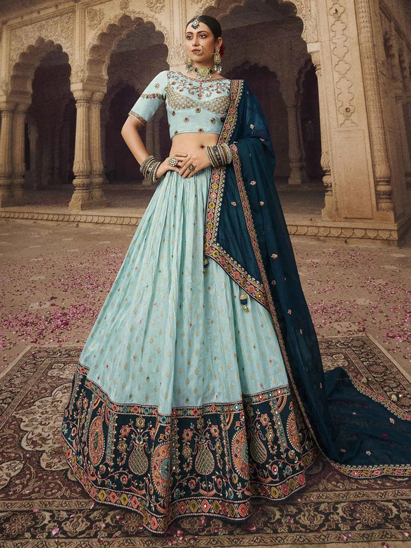 Party Wear Sky Blue Art Silk Sequins Embroidered Umbrella Lehenga - VJV Now