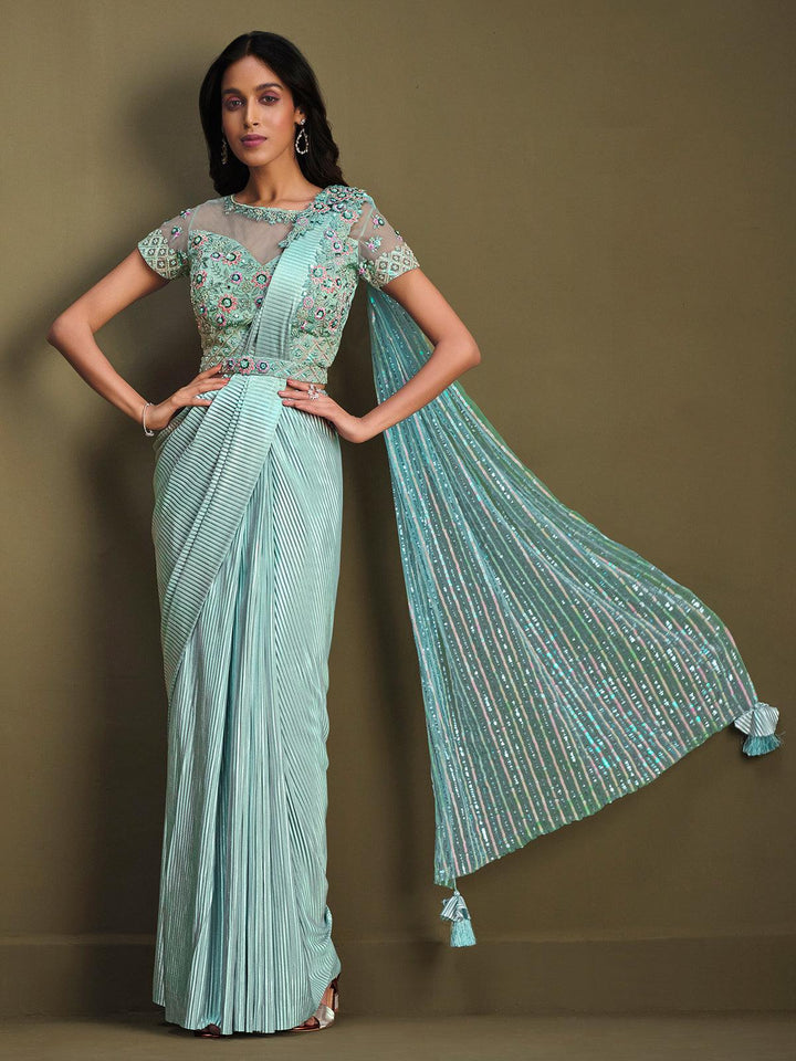 Party Wear Sky Blue Crepe Sequins Embroidered Work Saree - VJV Now
