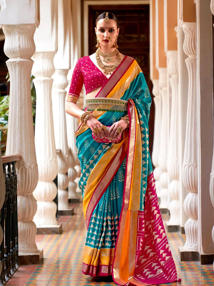 Party Wear Sky Blue Printed Work Silk Saree - VJV Now