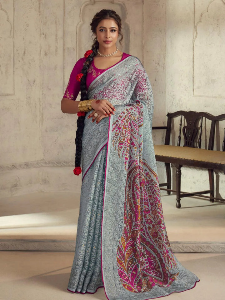 Party Wear Sky Blue Soft Brasso Organza Saree - VJV Now