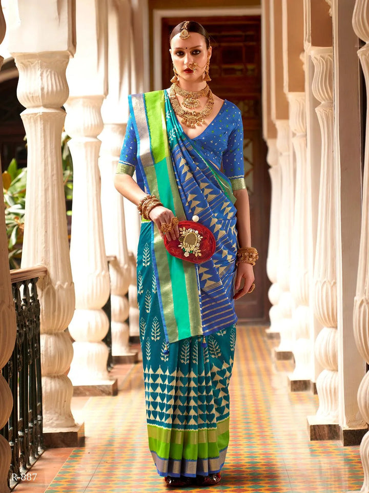 Party Wear Teal Blue Printed Work Silk Saree - VJV Now