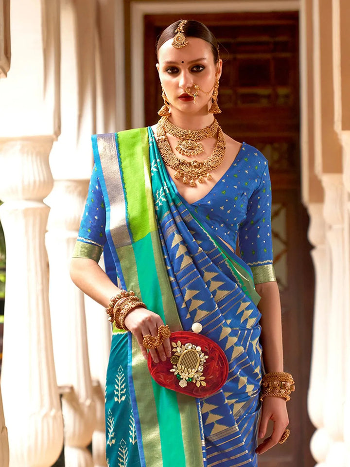 Party Wear Teal Blue Printed Work Silk Saree - VJV Now