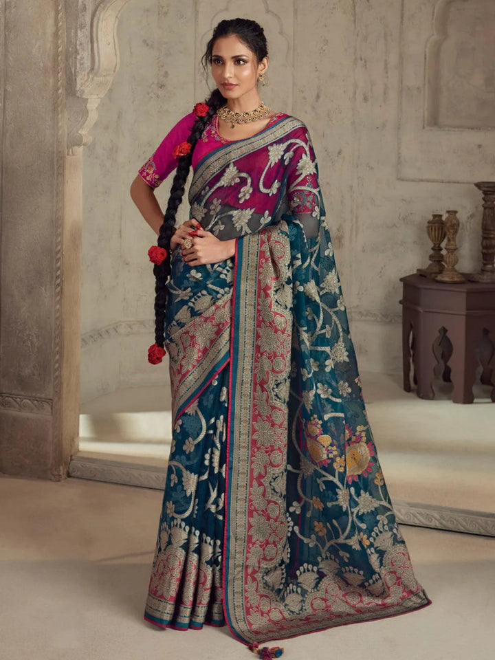 Party Wear Teal Blue Soft Brasso Organza Saree - VJV Now