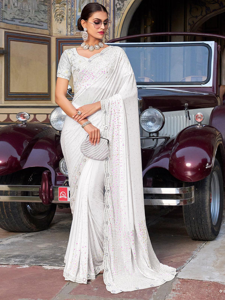 Party Wear White Imported Fabric Saree With Crystal, Mirror & Sequins Heavy Work - VJV Now