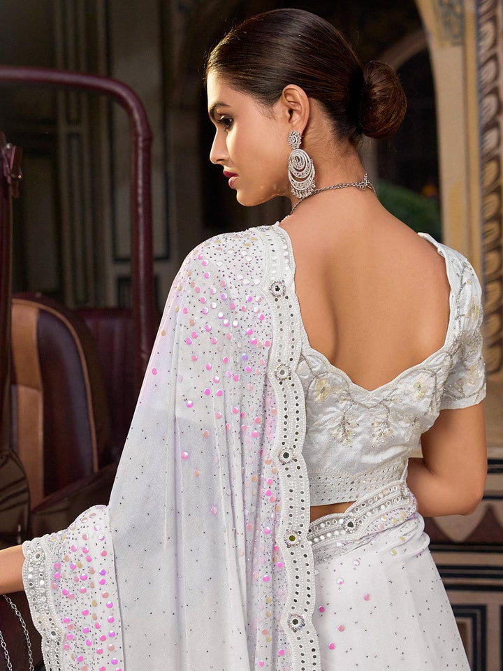 Party Wear White Imported Fabric Saree With Crystal, Mirror & Sequins Heavy Work - VJV Now