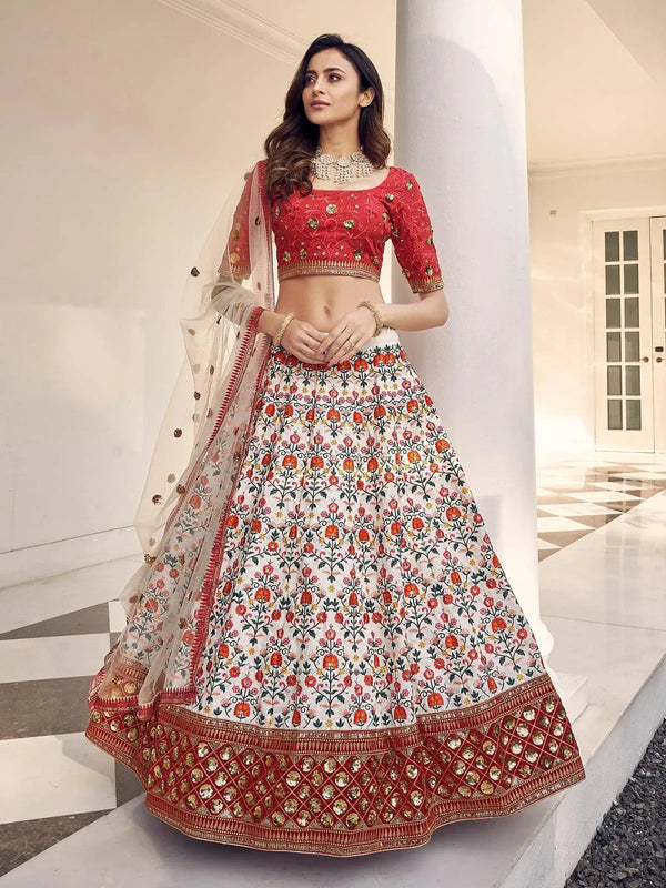 Party Wear White Red Silk Thread With Bridal Embroidered Lehenga Choli - VJV Now