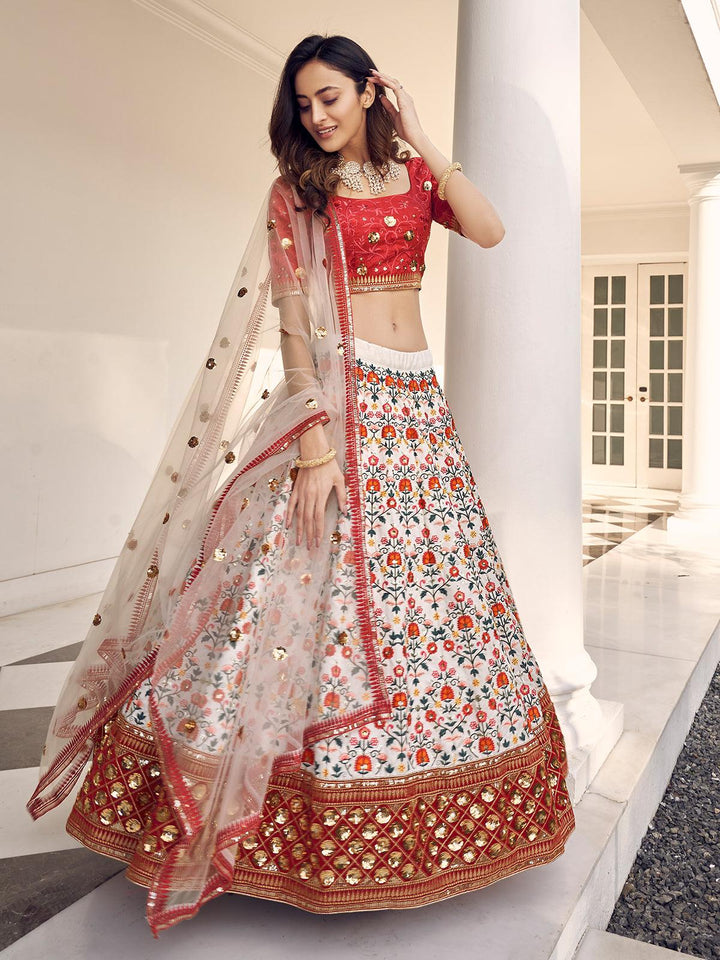 Party Wear White Red Silk Thread With Bridal Embroidered Lehenga Choli - VJV Now