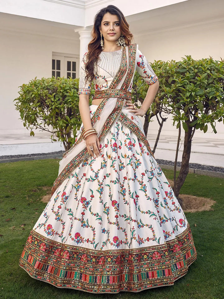 Party Wear White Silk Thread With Bridal Embroidered Lehenga Choli - VJV Now