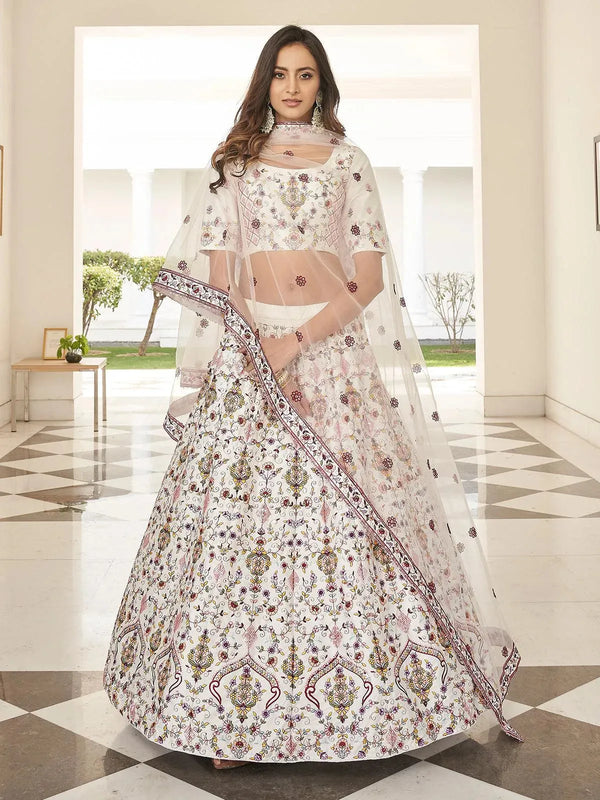 Party Wear White Soft Art Silk Embroidered Umbrella Lehenga - VJV Now