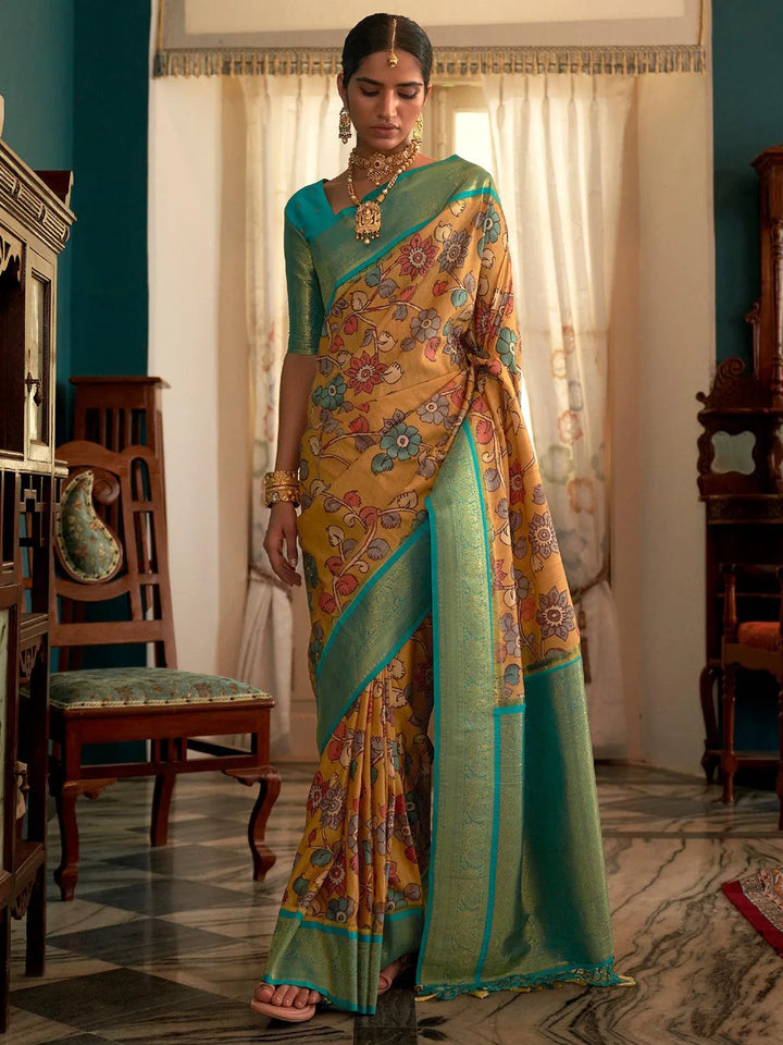 Party Wear Yellow And Rama Woven Banarasi Tussar Silk Kalamkari Saree - VJV Now