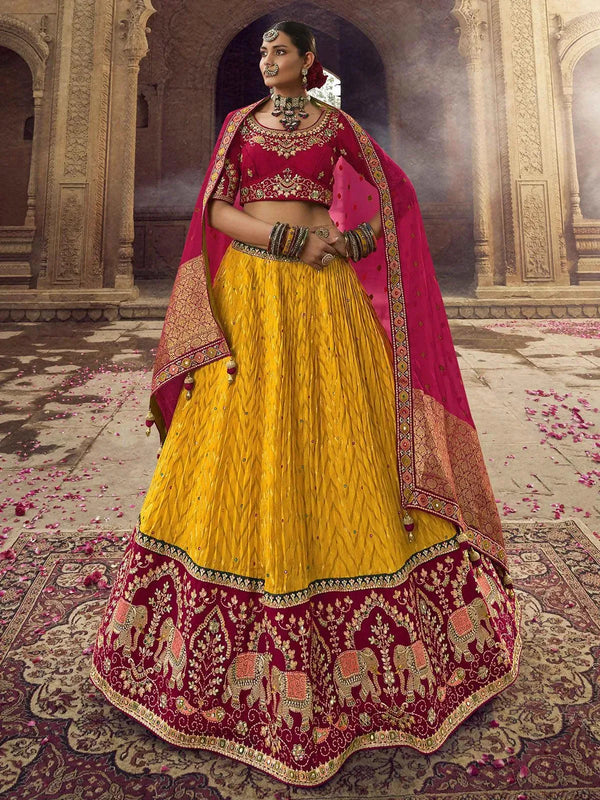 Party Wear Yellow Art Silk Sequins Embroidered Umbrella Lehenga - VJV Now