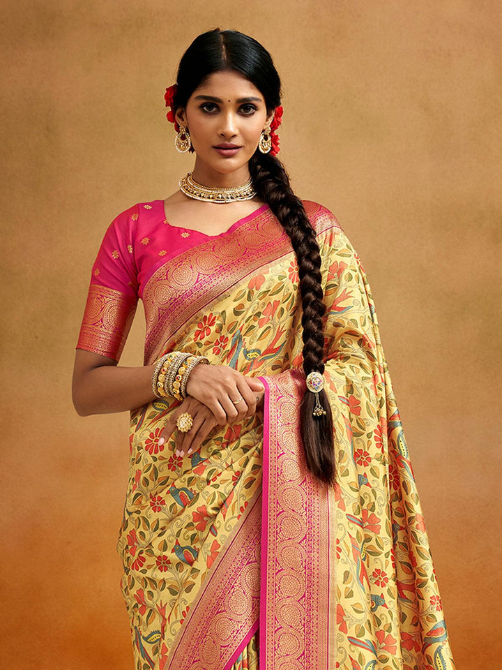Party Wear Yellow Printed Kalamkari Printed Banarasi Silk Saree - VJV Now