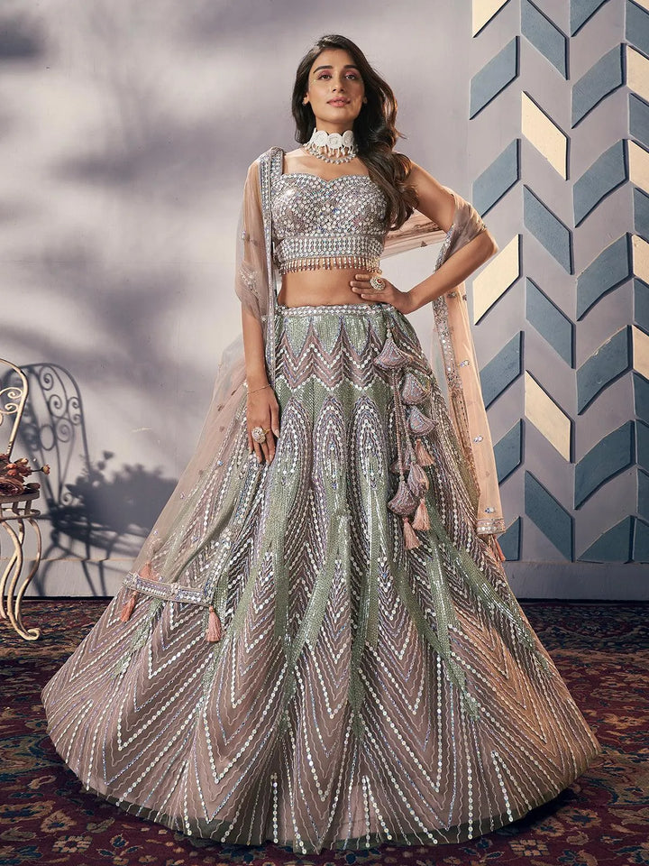 Peach And Green Embroidered Work Umbrella Lehenga Coli Wedding Wear - VJV Now