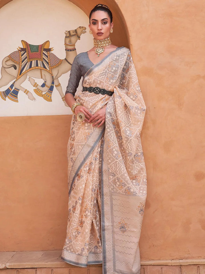 Peach And Grey Woven Patola Silk Saree - VJV Now