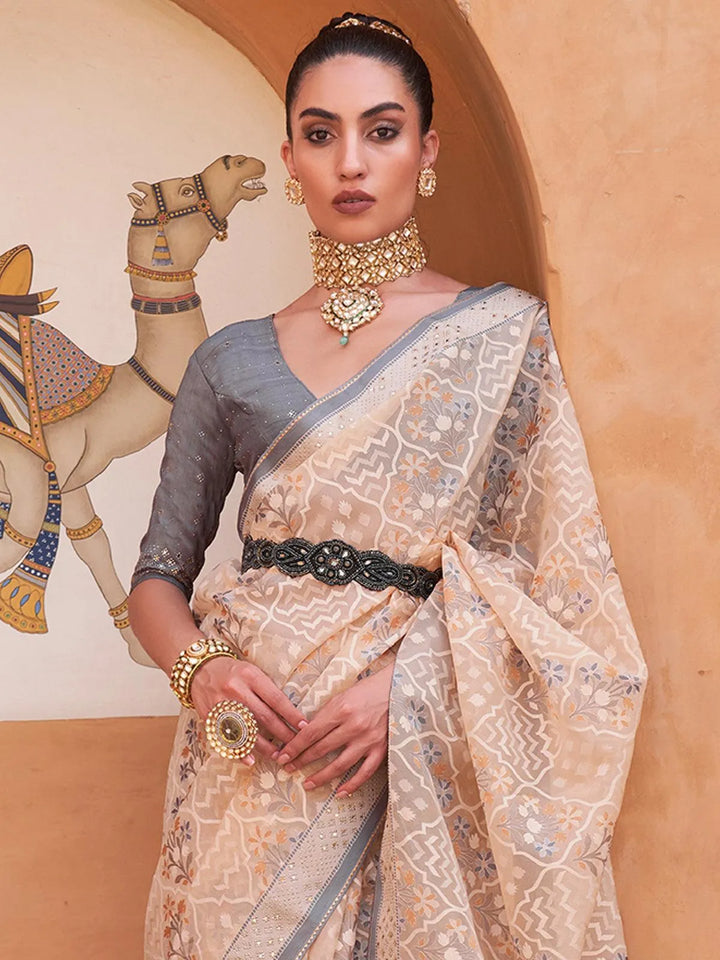 Peach And Grey Woven Patola Silk Saree - VJV Now