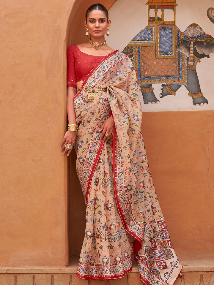 Peach And Red Woven Patola Silk Saree - VJV Now