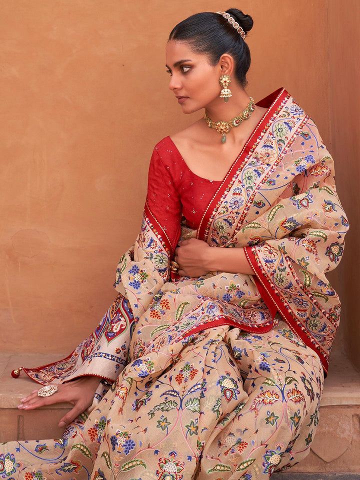 Peach And Red Woven Patola Silk Saree - VJV Now