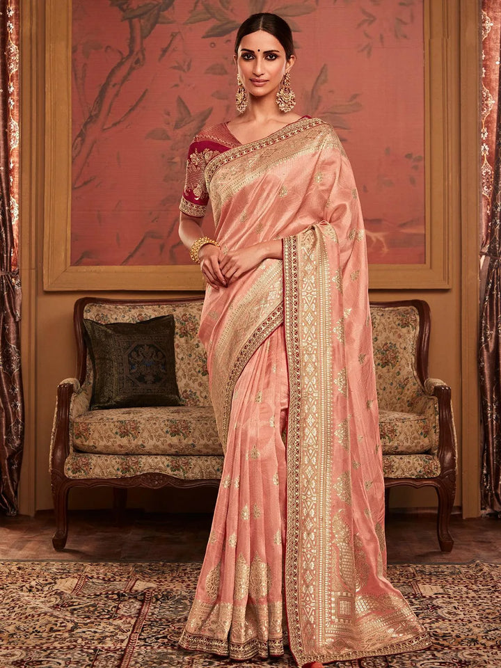 Peach Art Silk Zari Work saree - VJV Now