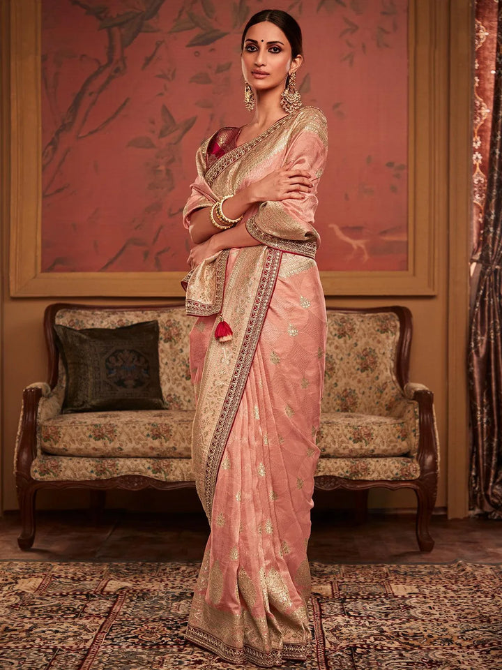 Peach Art Silk Zari Work saree - VJV Now