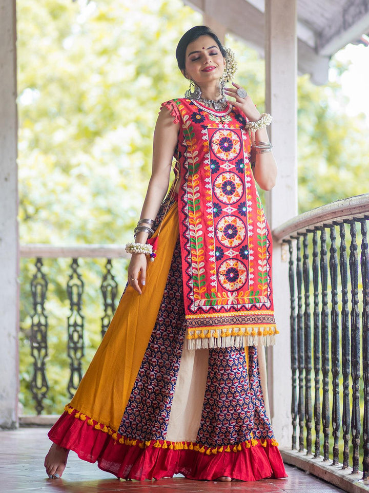 Peach Color aari Work Embroidery Top with Multi color readymade Lehenga skirt - VJV Now