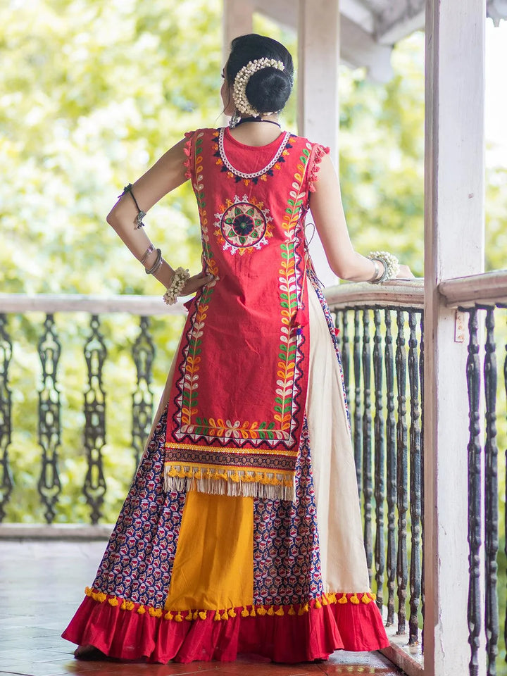 Peach Color aari Work Embroidery Top with Multi color readymade Lehenga skirt - VJV Now