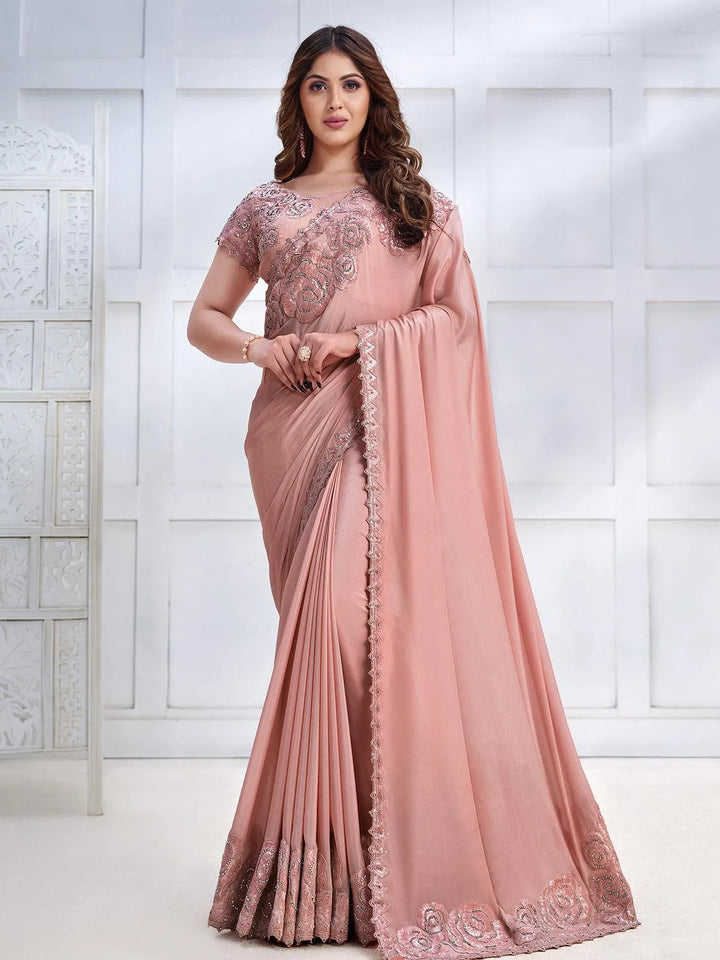 Peach Color Art Silk White Embroidered and Stone Work Saree - VJV Now