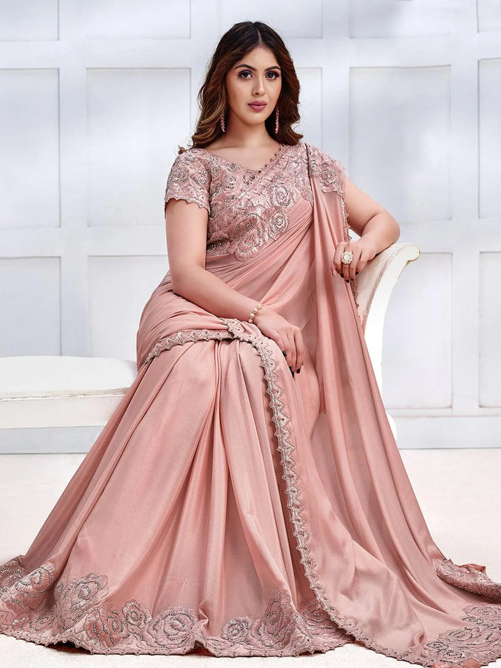 Peach Color Art Silk White Embroidered and Stone Work Saree - VJV Now