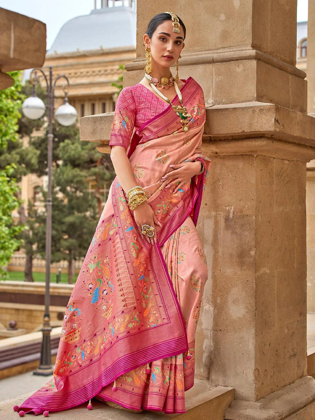 Buy Peach georgette saree (Blouse not included) | Designer Wear | TheHLabel