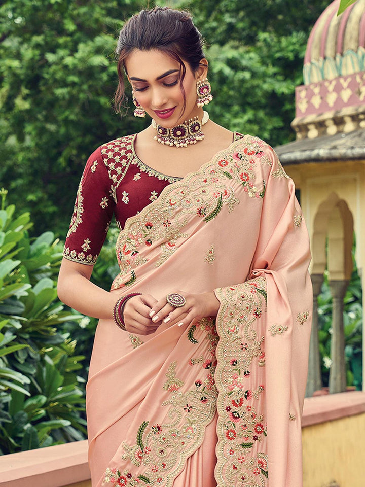 Peach heavy embroidered Silk saree - VJV Now