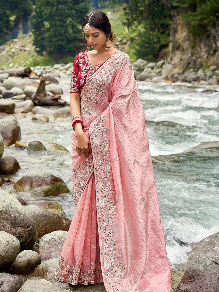 Peach Heavy Embroidered Work Designer Wear Saree - VJV Now