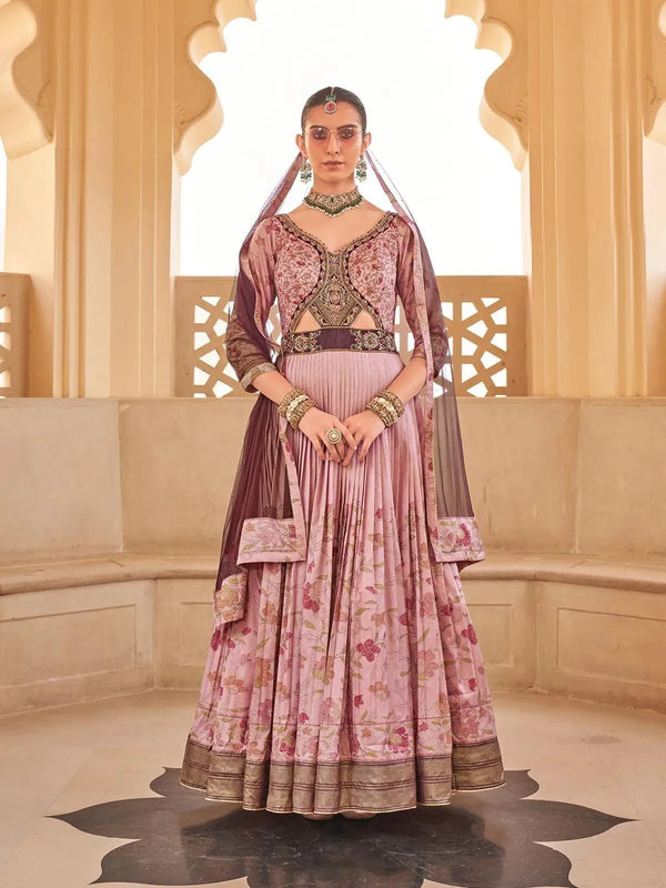 Peach Lehenga Style Gown choli Set with Embroidered Work for Weeding - VJV Now