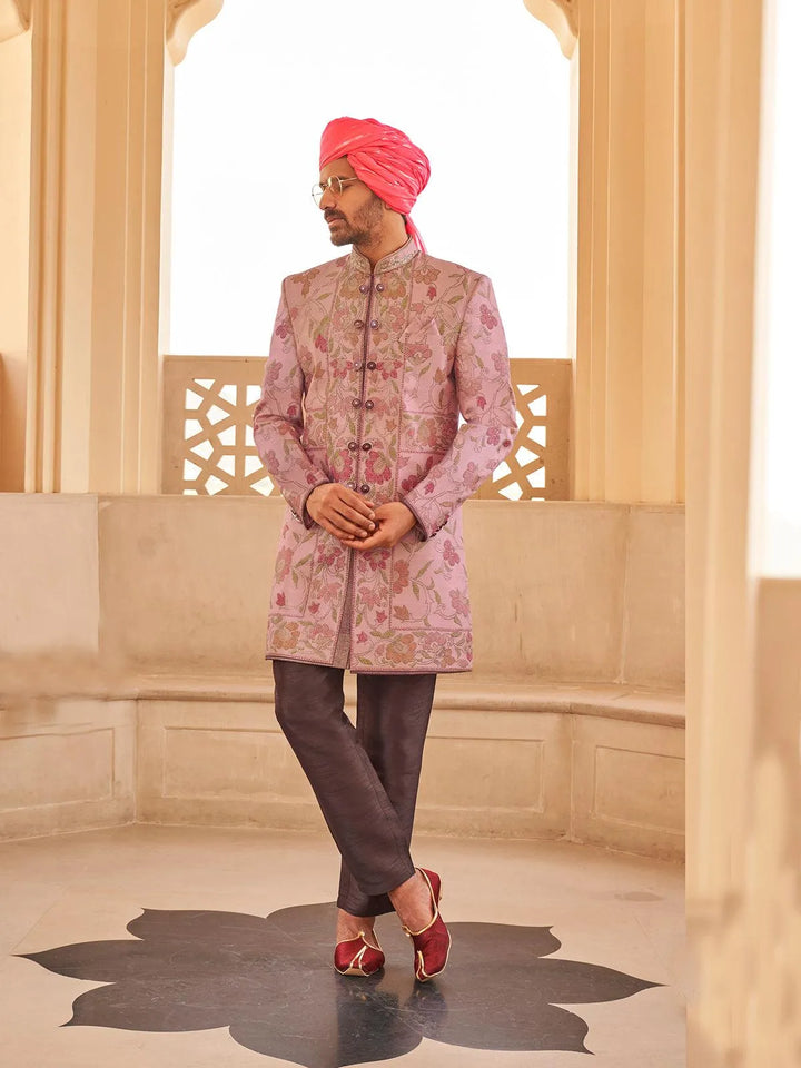 Peach Men's Indo-wester Silk Foil Print Sherwani Set For Weeding - VJV Now