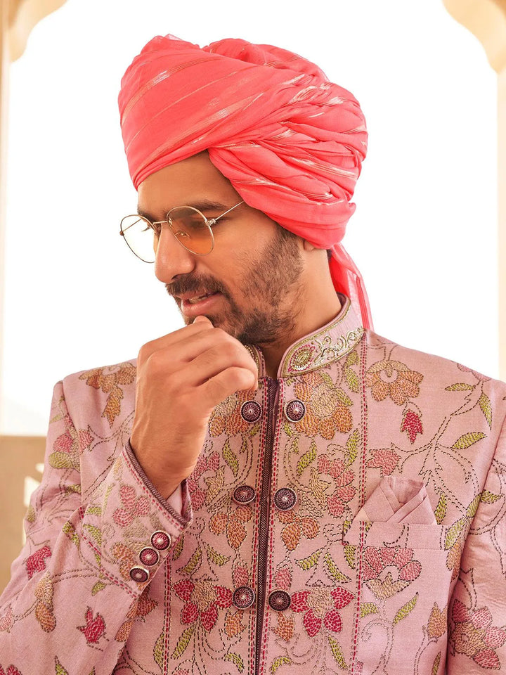 Peach Men's Indo-wester Silk Foil Print Sherwani Set For Weeding - VJV Now