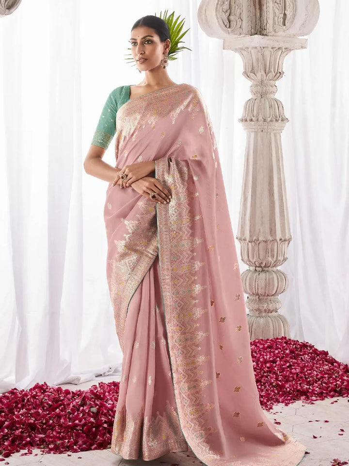 Peach Woven Georgette Silk Saree Party Wear - VJV Now