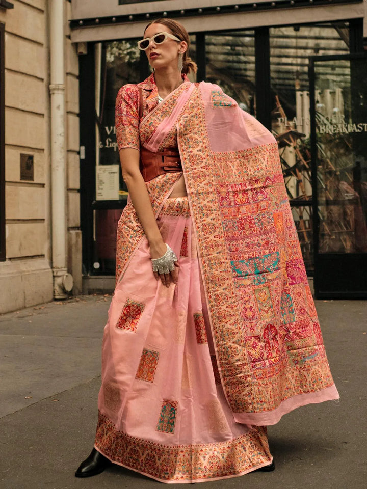 Peach Woven Zari And Floral Motif Saree - VJV Now