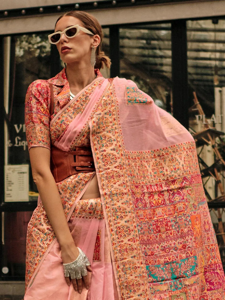 Peach Woven Zari And Floral Motif Saree - VJV Now