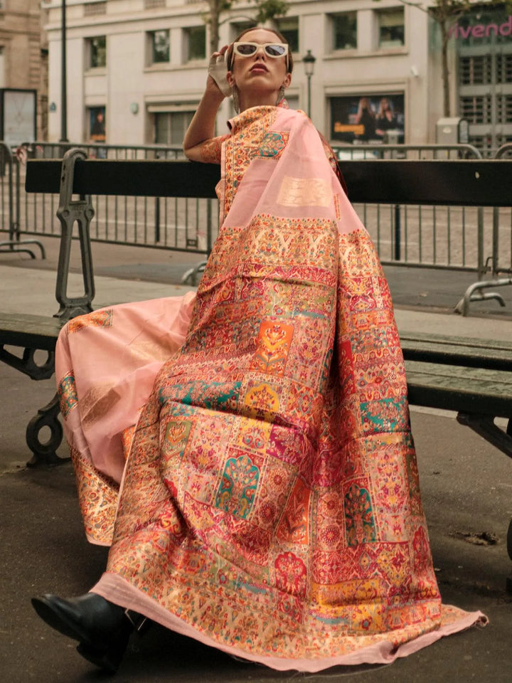 Peach Woven Zari And Floral Motif Saree - VJV Now