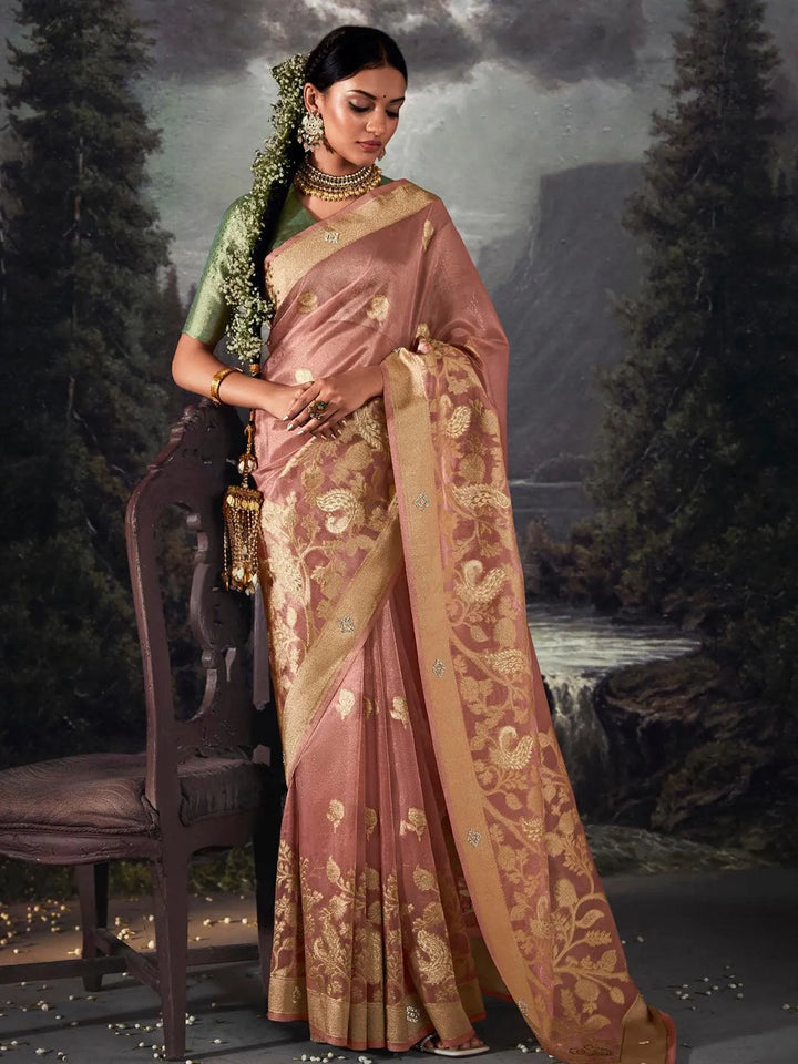 Peach Zari Weaving Banarasi Organza Silk Saree - VJV Now