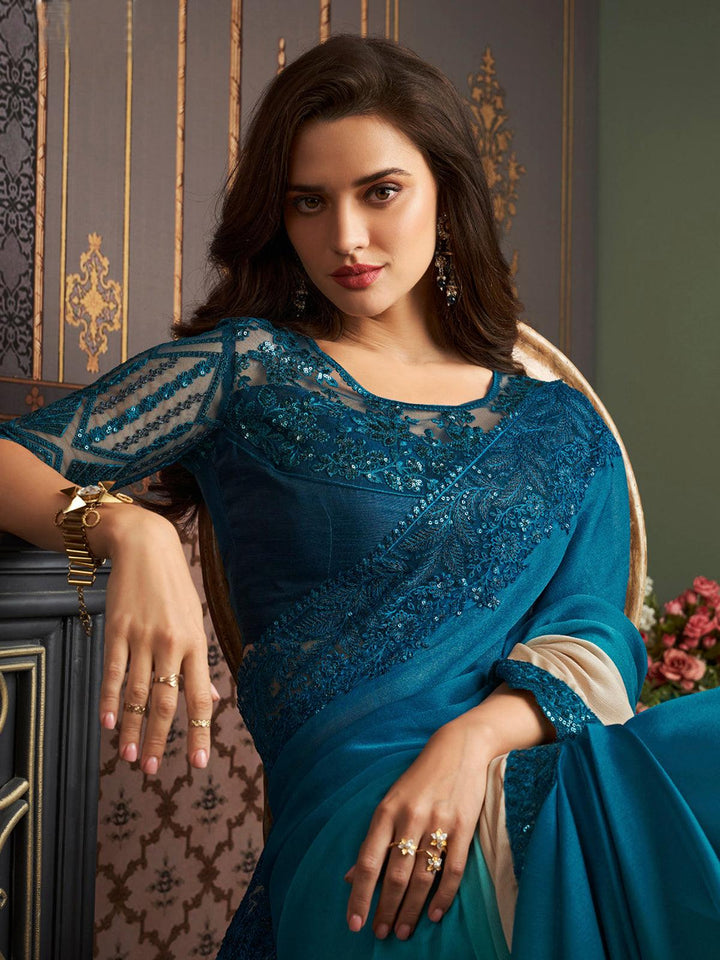 Peacock Blue & Beige Chiffon Saree with Sequins - VJV Now