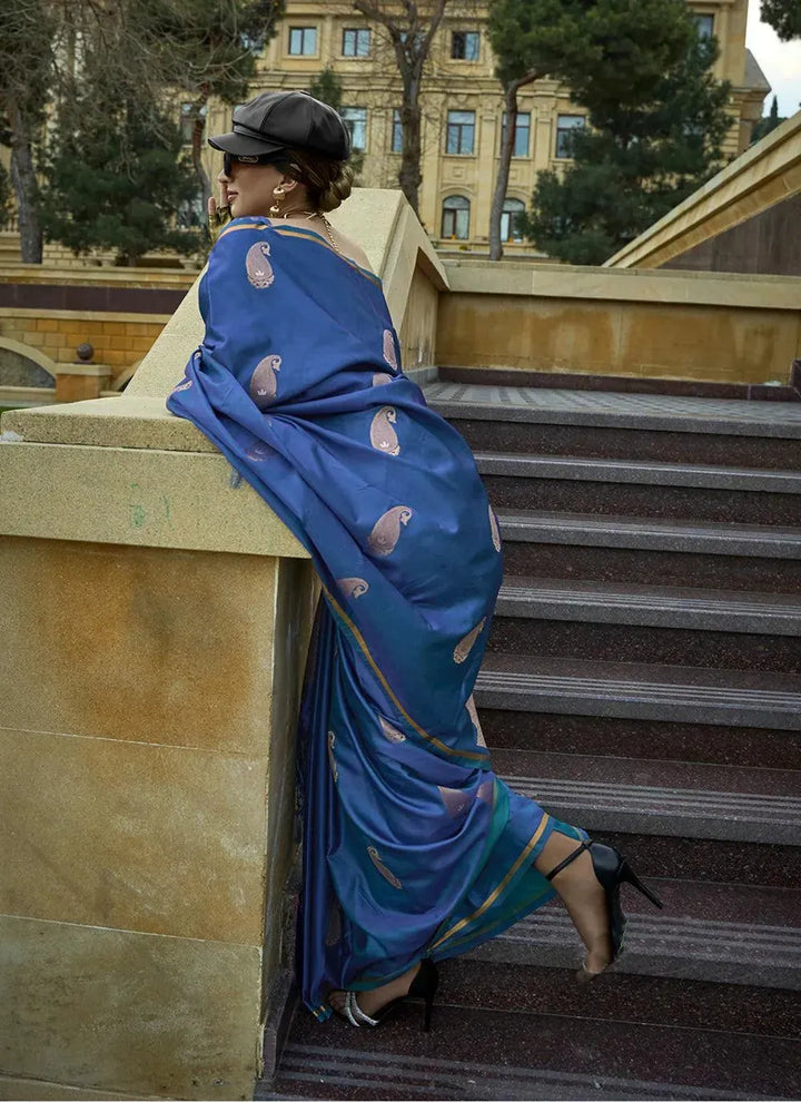 Peacock Blue Woven Satin Silk festive wear Saree - VJV Now