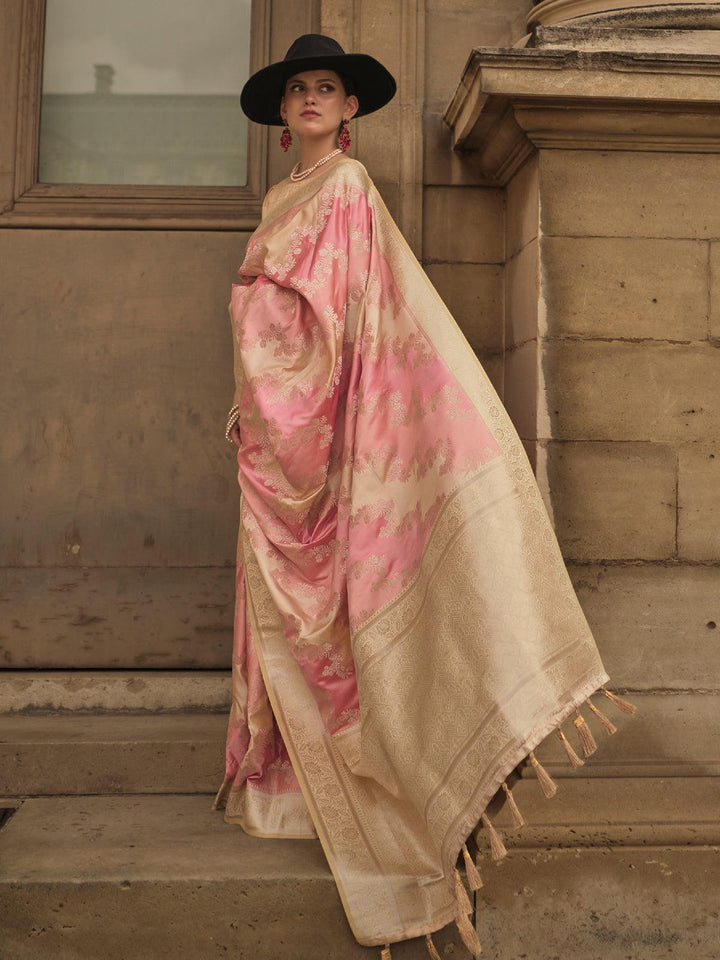 Pink And Beige Woven Banarasi Silk Saree - VJV Now