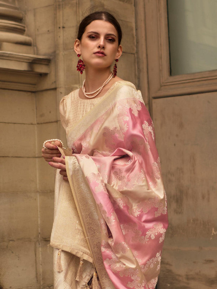 Pink And Beige Woven Banarasi Silk Saree - VJV Now
